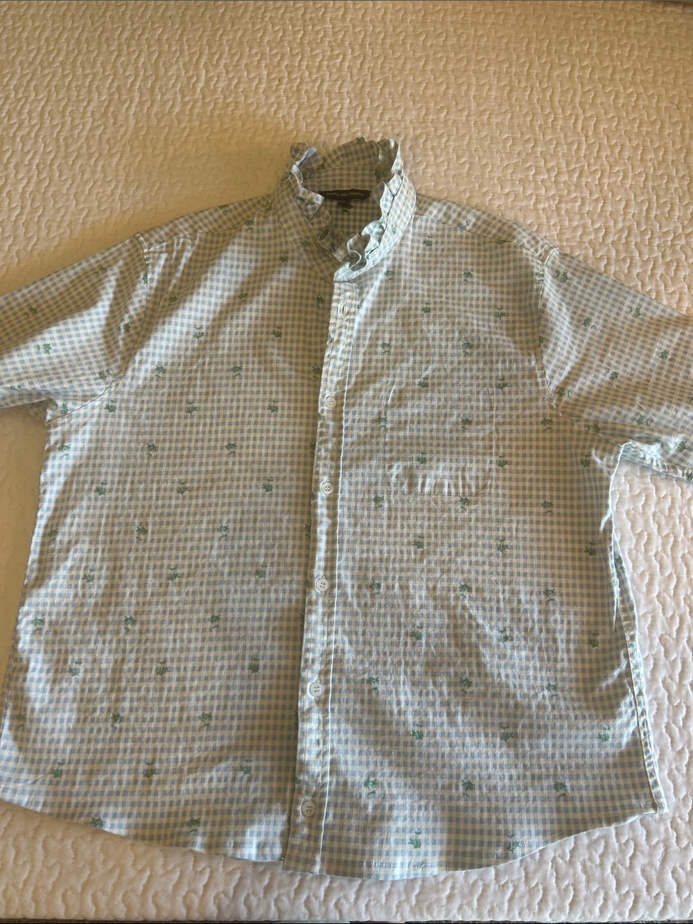 Women's Upcycled men’s Light Blue Gingham Button-Down Shirt with Ruffle Collar